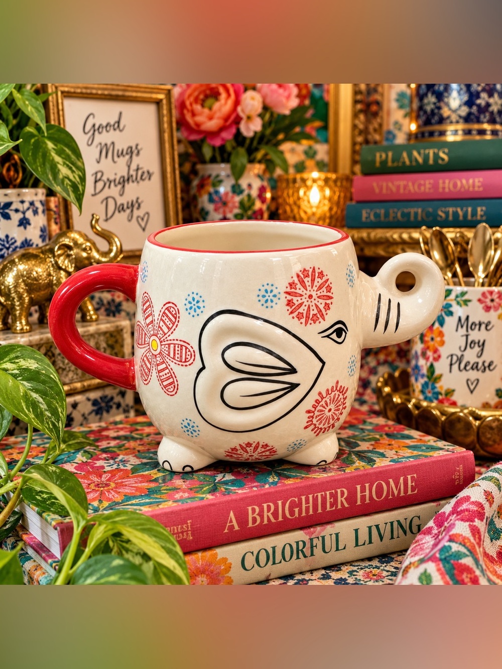 Elephant-Shaped Ceramic Mug in White and Red